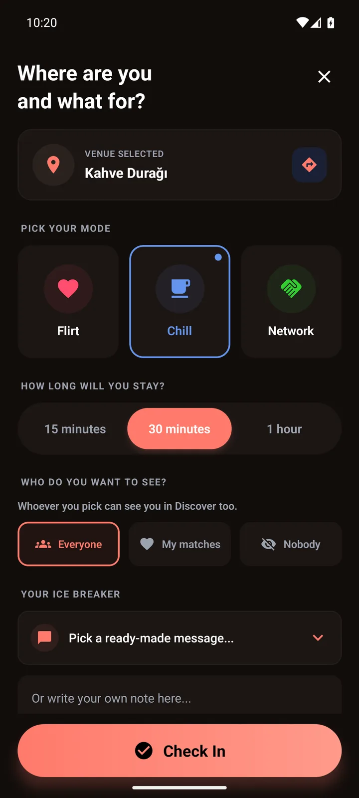 Socializer check-in screen
