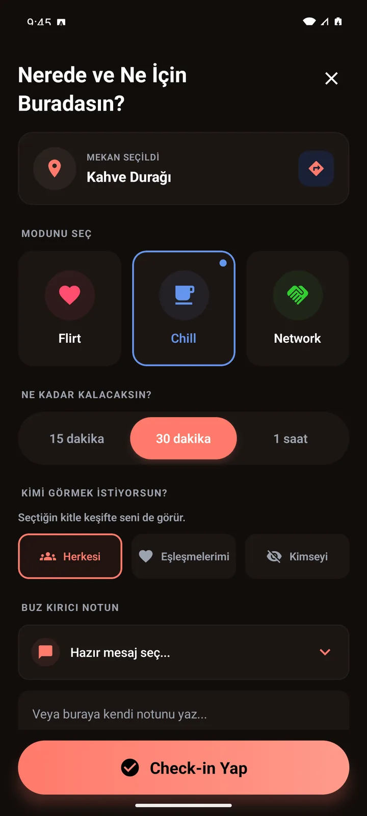 Socializer check-in ekranı