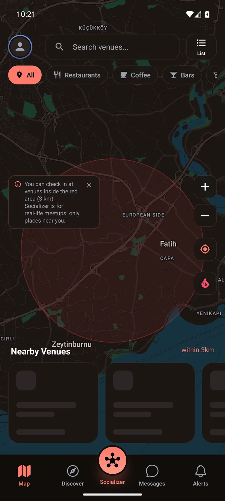 Socializer's nearby venue map